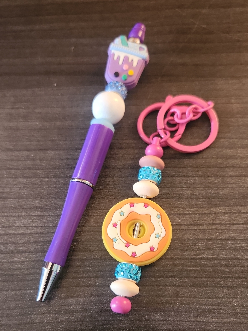 Purple Boba Tea Beaded Pen & Donut Beaded Keychain